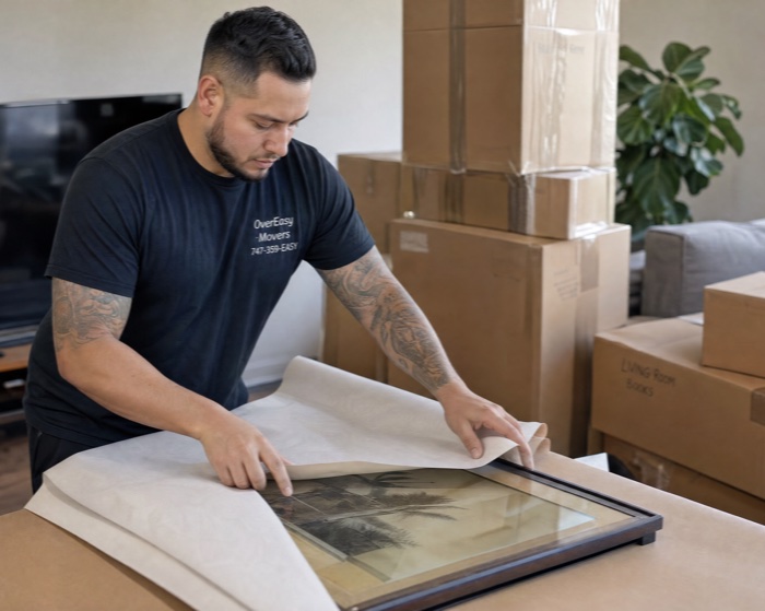 OverEasy mover wrapping a framed picture in protective paper