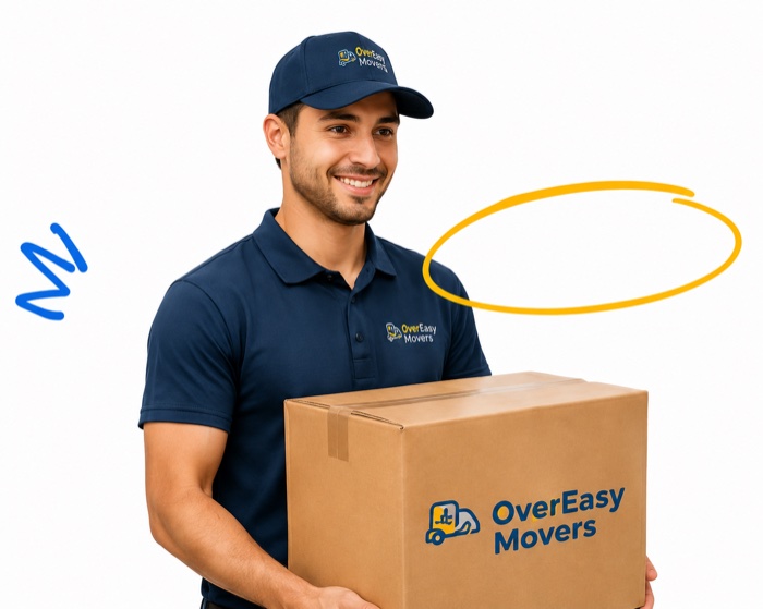 OverEasy mover carrying a labeled box