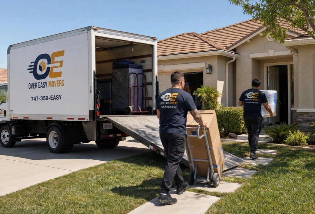 OverEasy movers unloading boxes from the truck at a customer's home